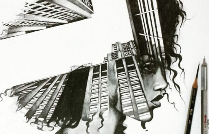 Artist Merges Buildings And People To Draw Double Exposure Drawings