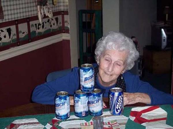 Old Lady With Beer Cans Funny Picture