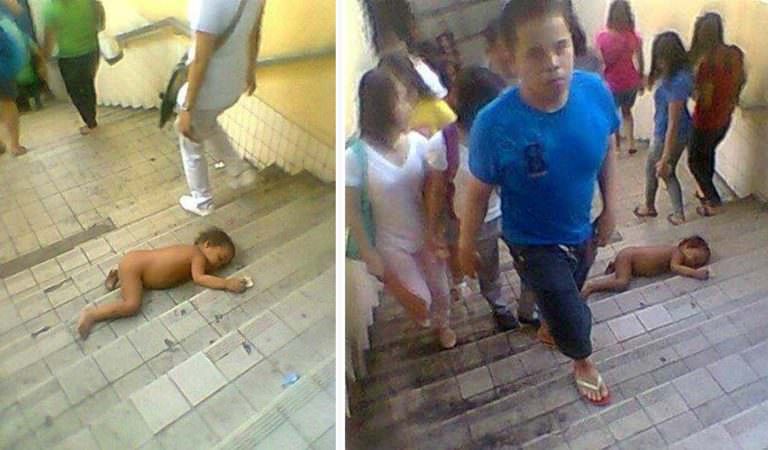 Naked Baby Sleeps in Mid Public Staircase & Was Completely Ignored by The Bypassers